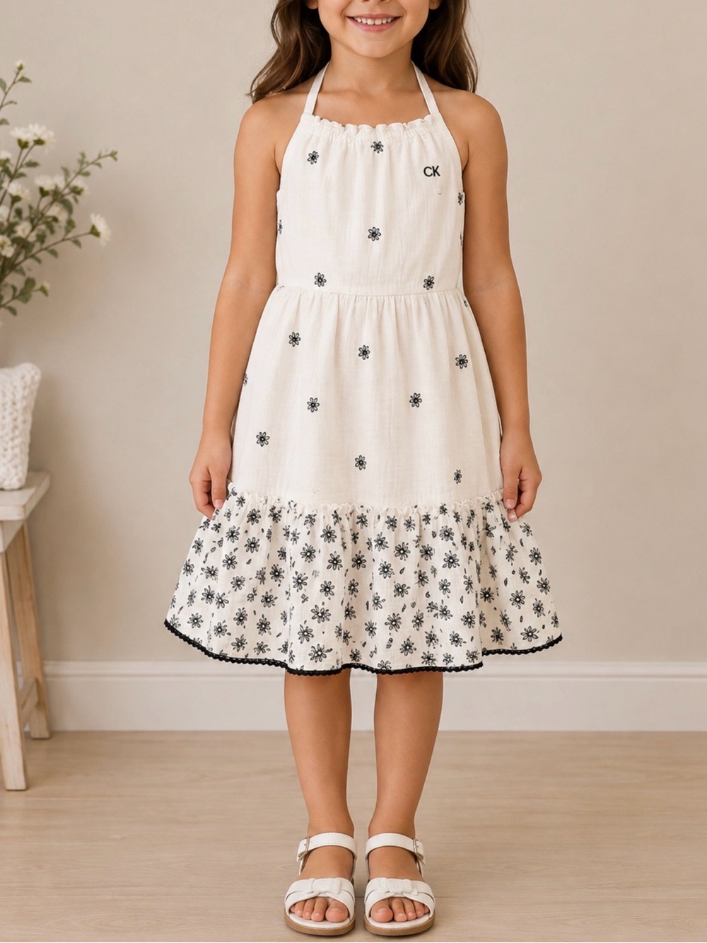 Calvin Klein Cream Halter Dress with Black Floral Detail